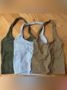 American Eagle Bundle Ribbed Scoop Neck Halter Top - Olive, Light Blue, Khaki